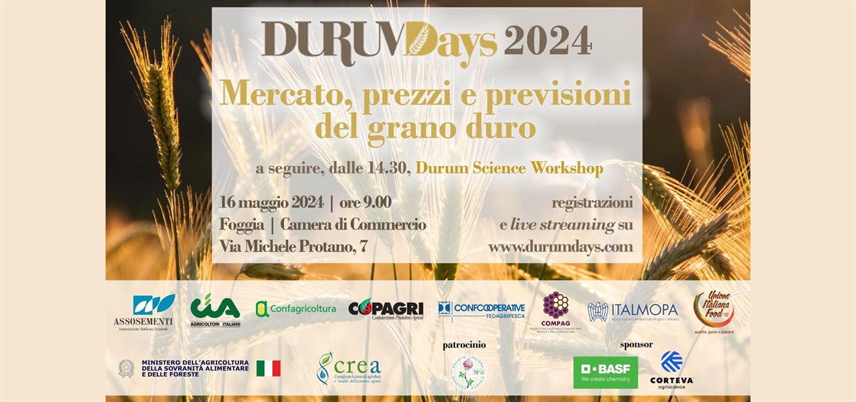 CEREALI, IL 16 MAGGIO A FOGGIA LE PRIME PREVISIONI SULLA CAMPAGNA DI GRANO DURO NEL CONSUETO APPUNTAMENTO DELLA FILIERA GRANO-PASTA AI “DURUM DAYS”